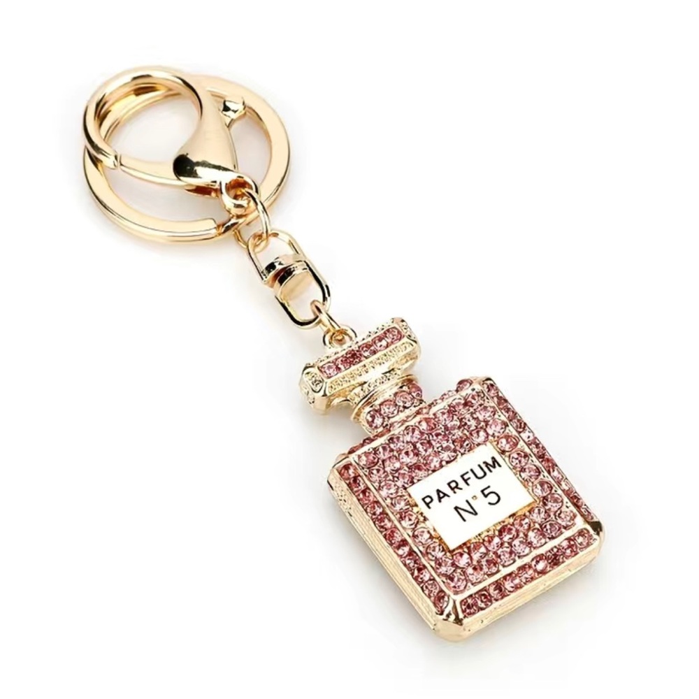 Pink Crystal Parfum Bottle Keychain - Gold Tone